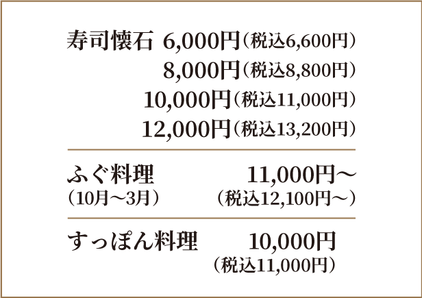 寿司懐石6,000円（税込6,600円）、8,000円（税込8,800円）、10,000円（税込11,000円）、12,000円（税込13,200円）　ふぐ料理（10月〜3月）11,000円（税込12,100円）〜　すっぽん料理10,000円（税込11,000円）